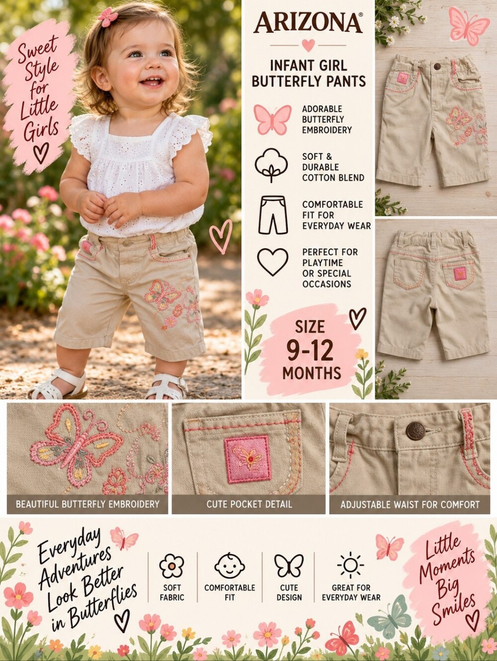 Arizona infant girl 12m khaki butterfly pants #35